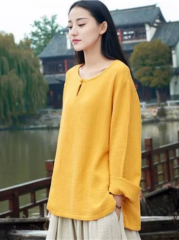 Round-neck Linen Cotton Long Sleeves Tops