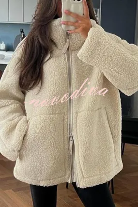 Solid Color Stitching High Collar Long Sleeve Loose Pocket Woolen Coat