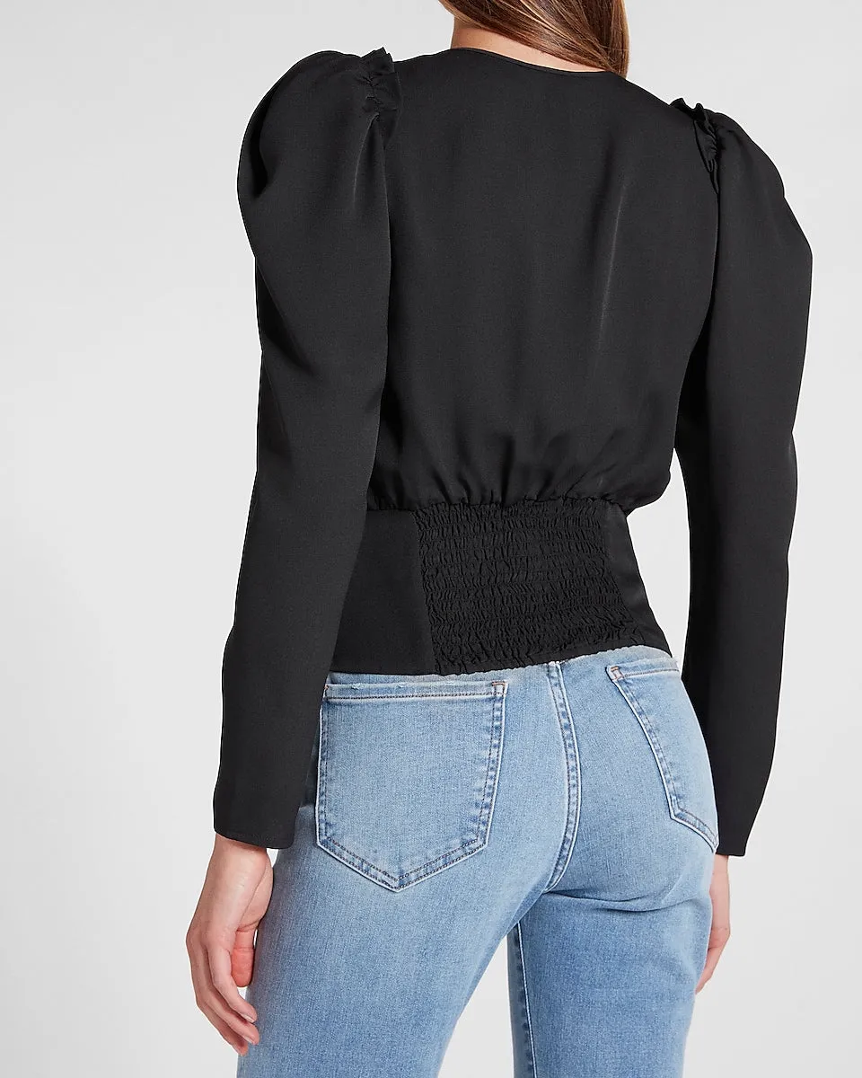 Solid Puff Sleeve V-Neck Top in Pitch Black