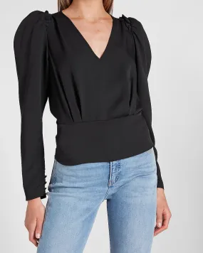 Solid Puff Sleeve V-Neck Top in Pitch Black