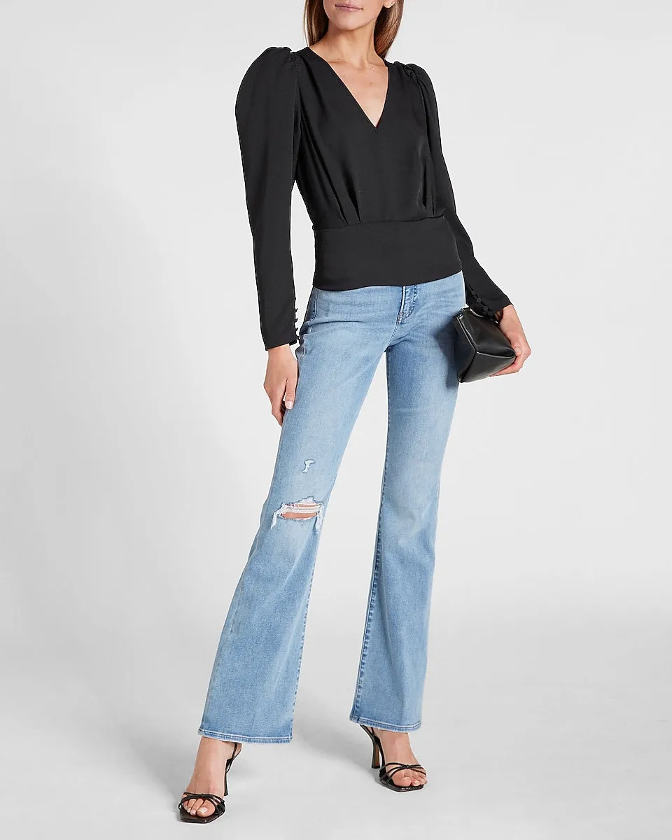 Solid Puff Sleeve V-Neck Top in Pitch Black