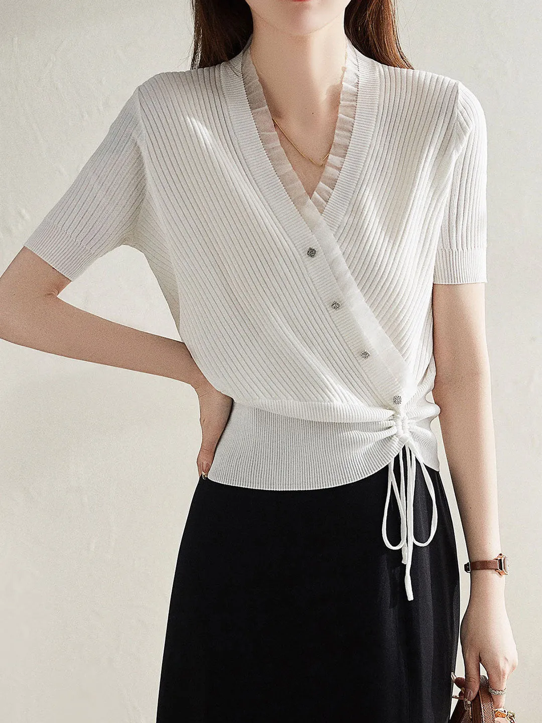 Sydney Elegant V-neck Drawstring Knitted Shirt Top