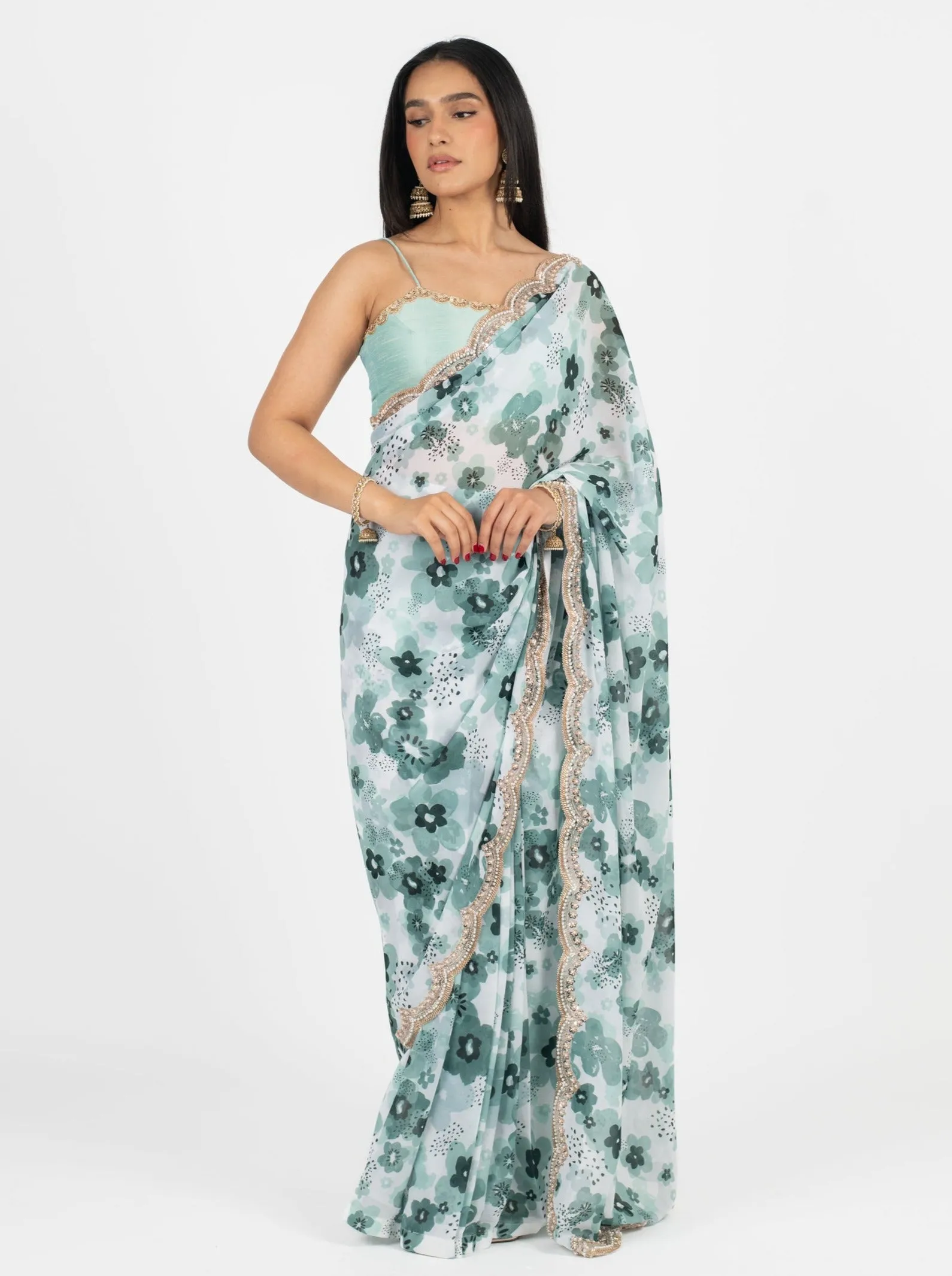 Teal Poppy Easy-Drape Saree