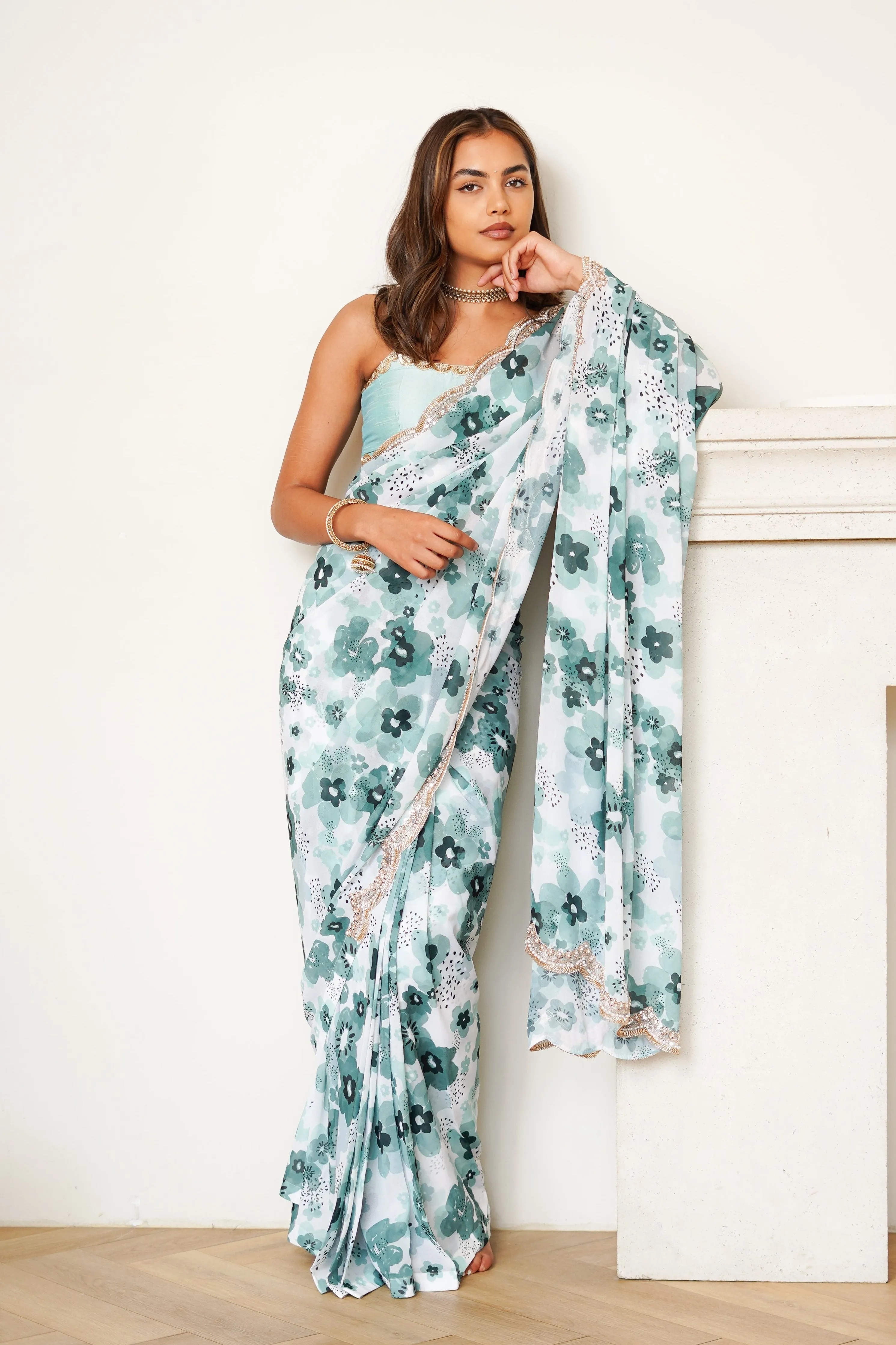 Teal Poppy Easy-Drape Saree