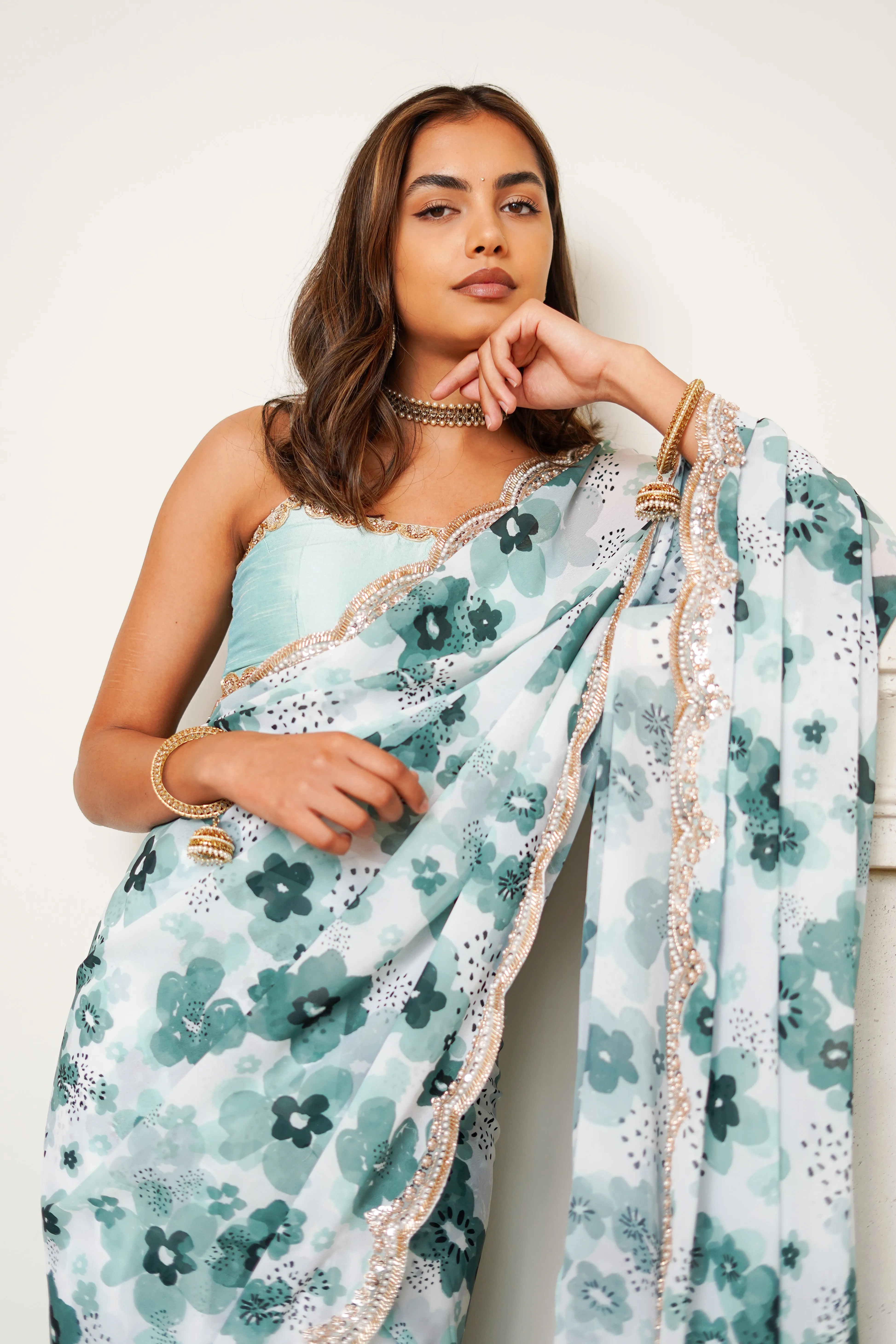 Teal Poppy Easy-Drape Saree