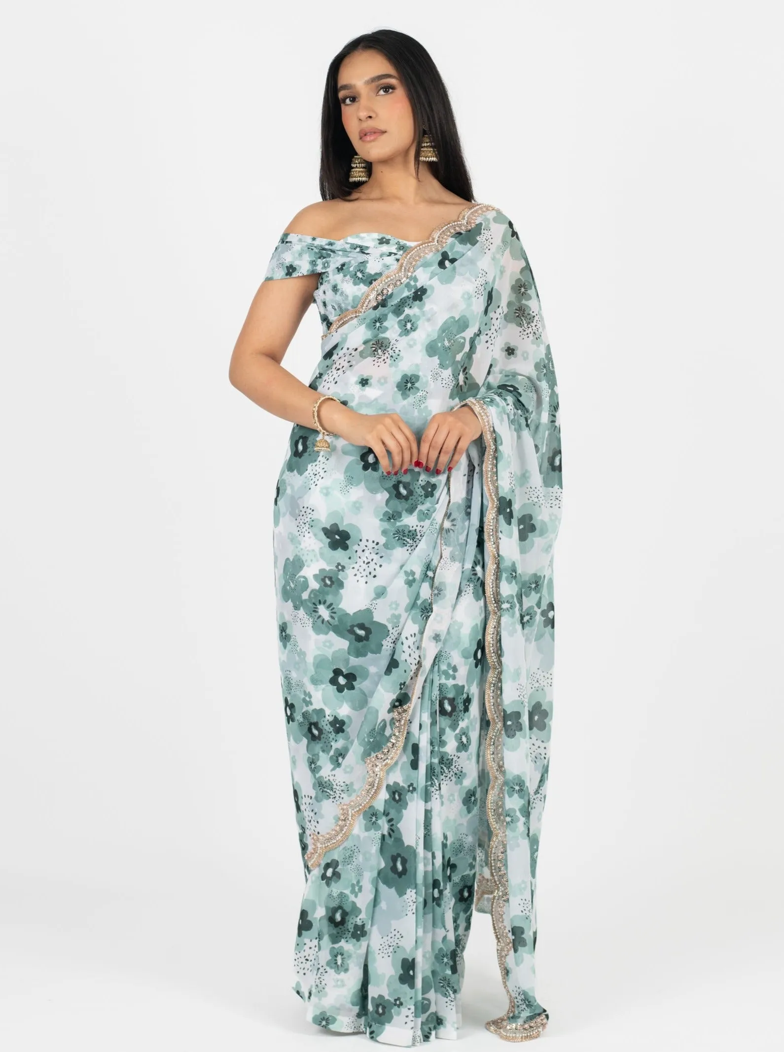 Teal Poppy Easy-Drape Saree