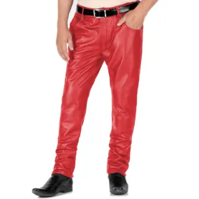 Thalor Men's Red Slim Fit Leather Pants