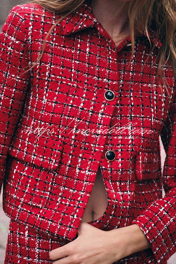 Tweed Plaid Textured Long-sleeved Casual Pocket Jacket