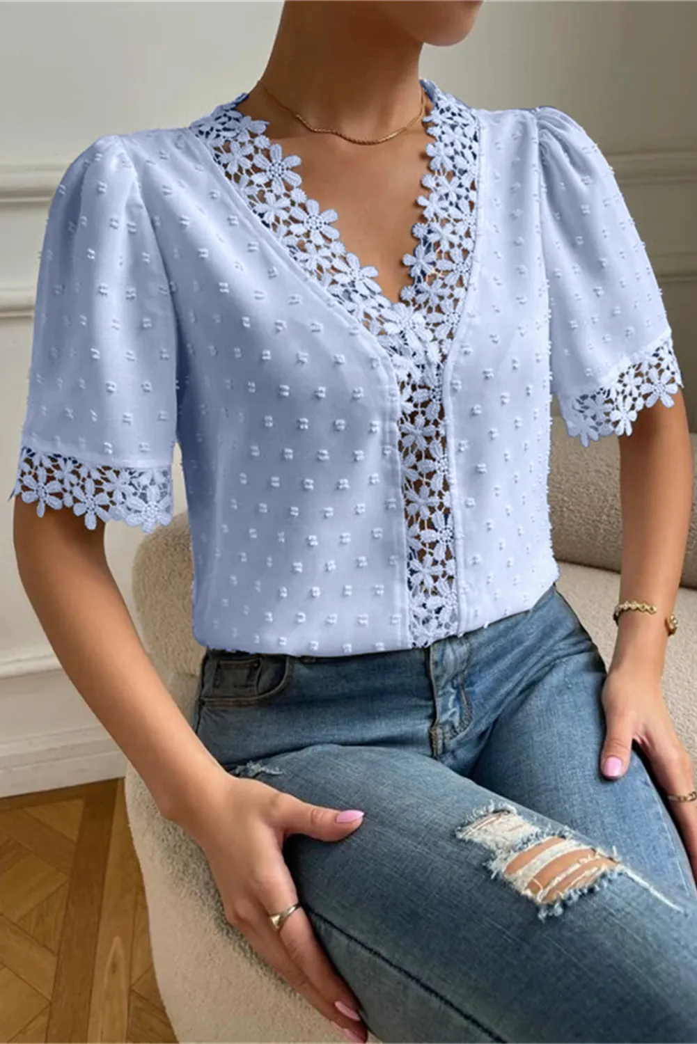 V-Neck Short Sleeve Blouse #159776