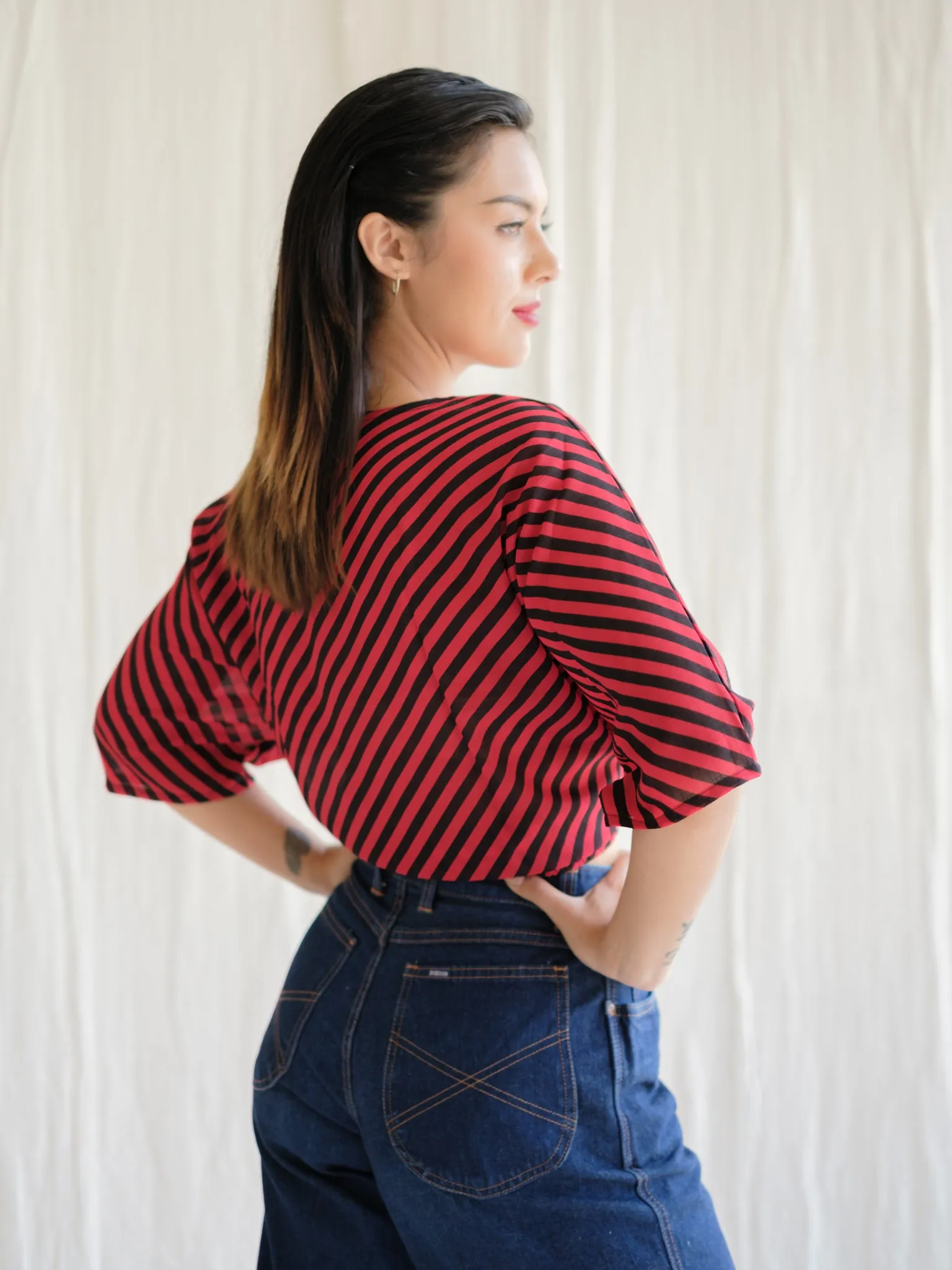 Vintage Black and Red Striped Dolman Sleeve Blouse