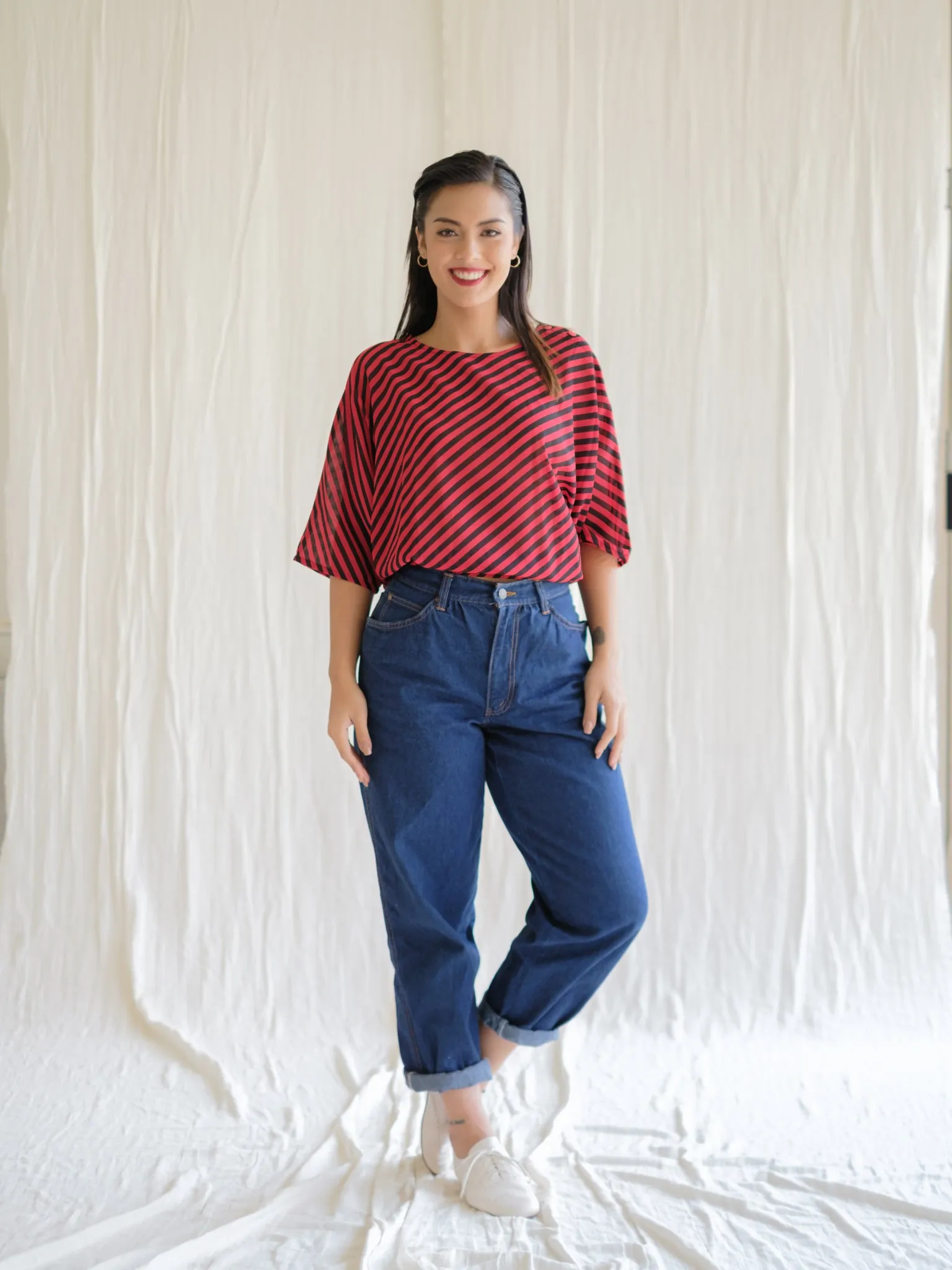 Vintage Black and Red Striped Dolman Sleeve Blouse