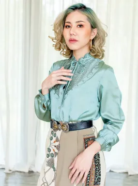 Vintage Silk Cuff Sleeved Mock Neck Green Blouse