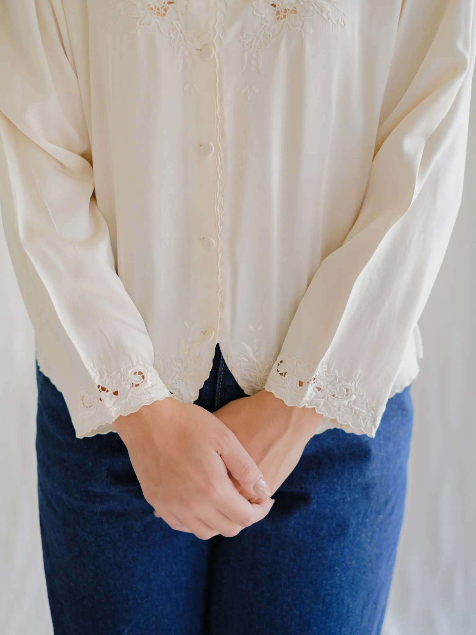 Vintage Silk Round Neck Floral Embroidered Blouse