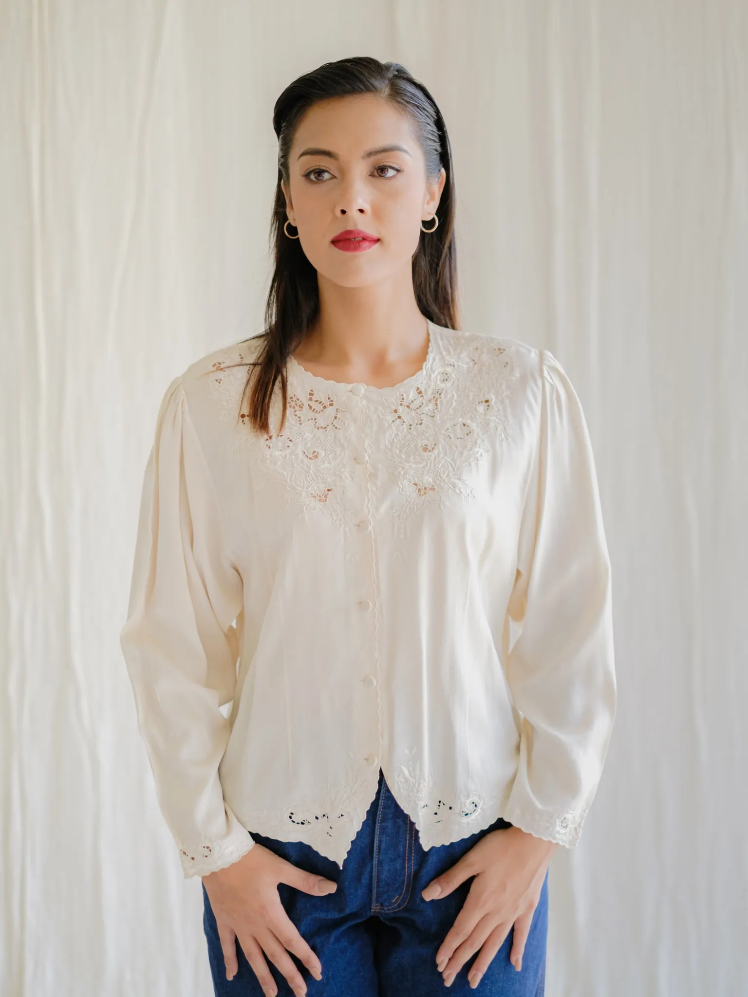 Vintage Silk Round Neck Floral Embroidered Blouse