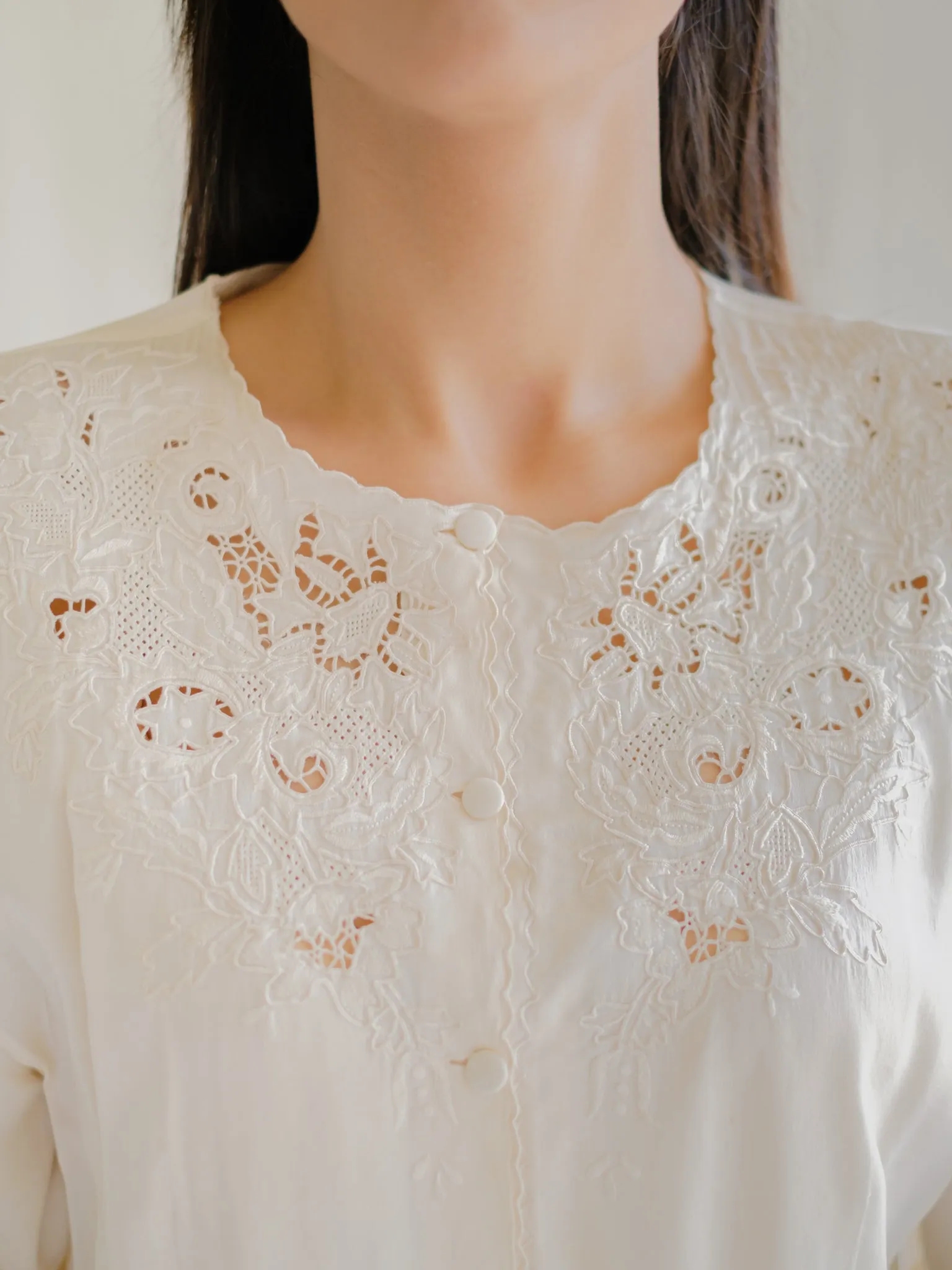 Vintage Silk Round Neck Floral Embroidered Blouse