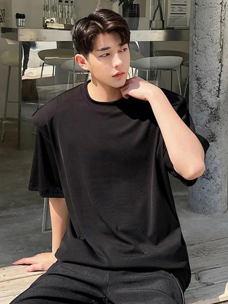 WIAOFELLAS  -  Spring New Men's Casual Solid Colour T-shirt Korean Style Simple Shoulder Pad Design Fashionable Slim Round Neck Tops