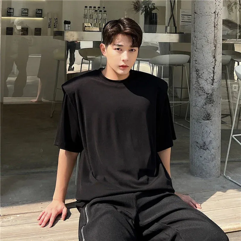 WIAOFELLAS  -  Spring New Men's Casual Solid Colour T-shirt Korean Style Simple Shoulder Pad Design Fashionable Slim Round Neck Tops