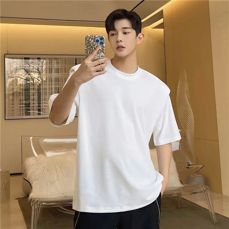 WIAOFELLAS  -  Spring New Men's Casual Solid Colour T-shirt Korean Style Simple Shoulder Pad Design Fashionable Slim Round Neck Tops