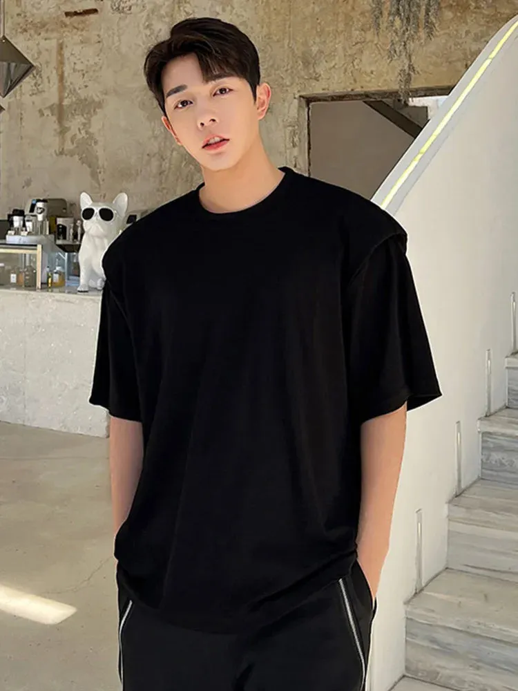 WIAOFELLAS  -  Spring New Men's Casual Solid Colour T-shirt Korean Style Simple Shoulder Pad Design Fashionable Slim Round Neck Tops