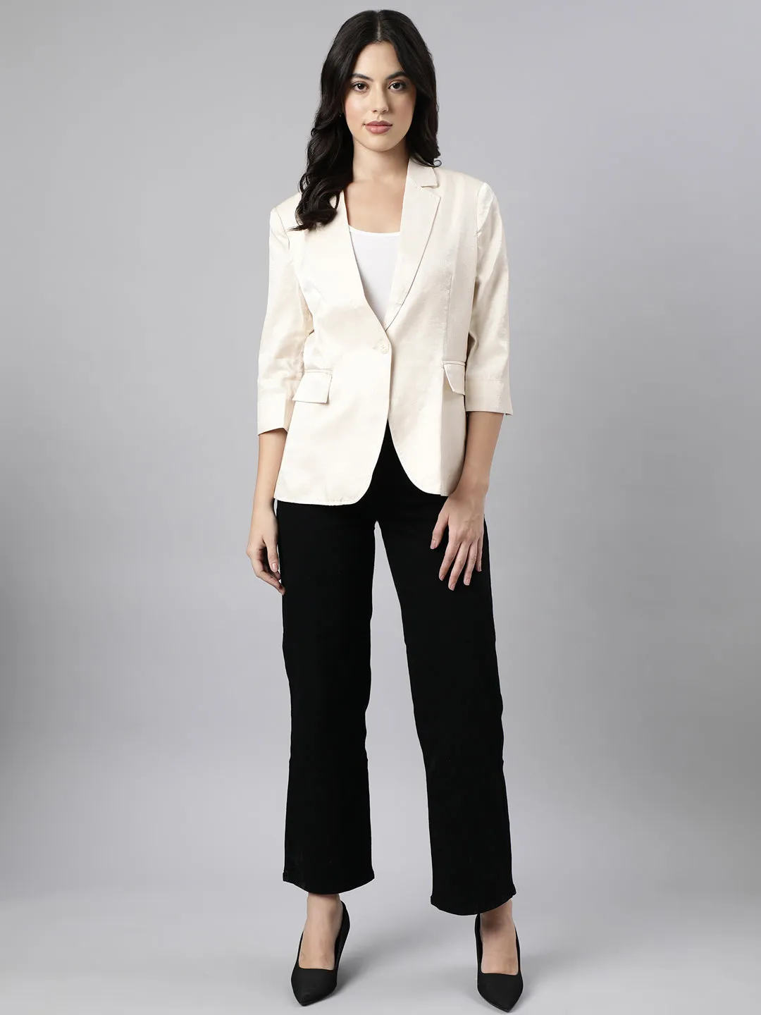 Women Beige Single-Breasted Blazer