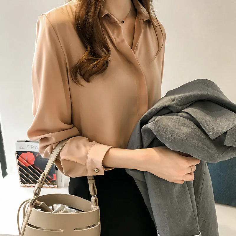 Women Korean Elegant Solid Colored Long Sleeved Tops Minimalist OL Chiffon Shirt Blouse