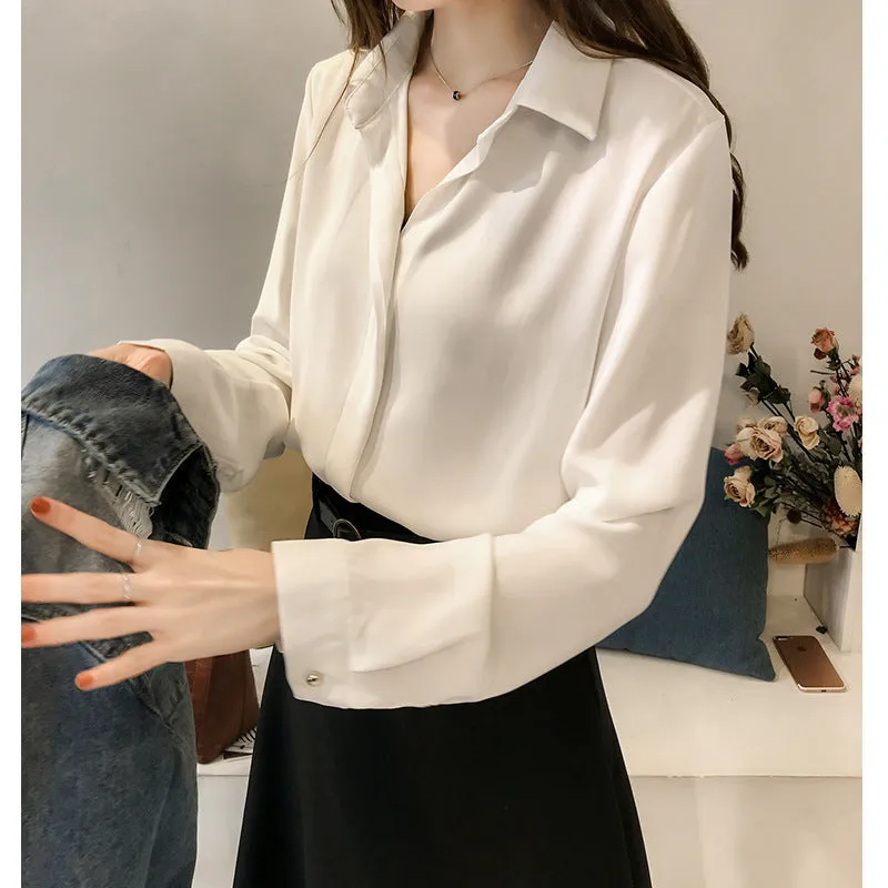 Women Korean Elegant Solid Colored Long Sleeved Tops Minimalist OL Chiffon Shirt Blouse