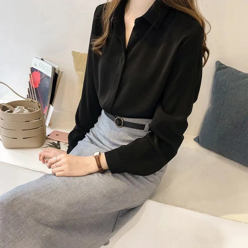 Women Korean Elegant Solid Colored Long Sleeved Tops Minimalist OL Chiffon Shirt Blouse