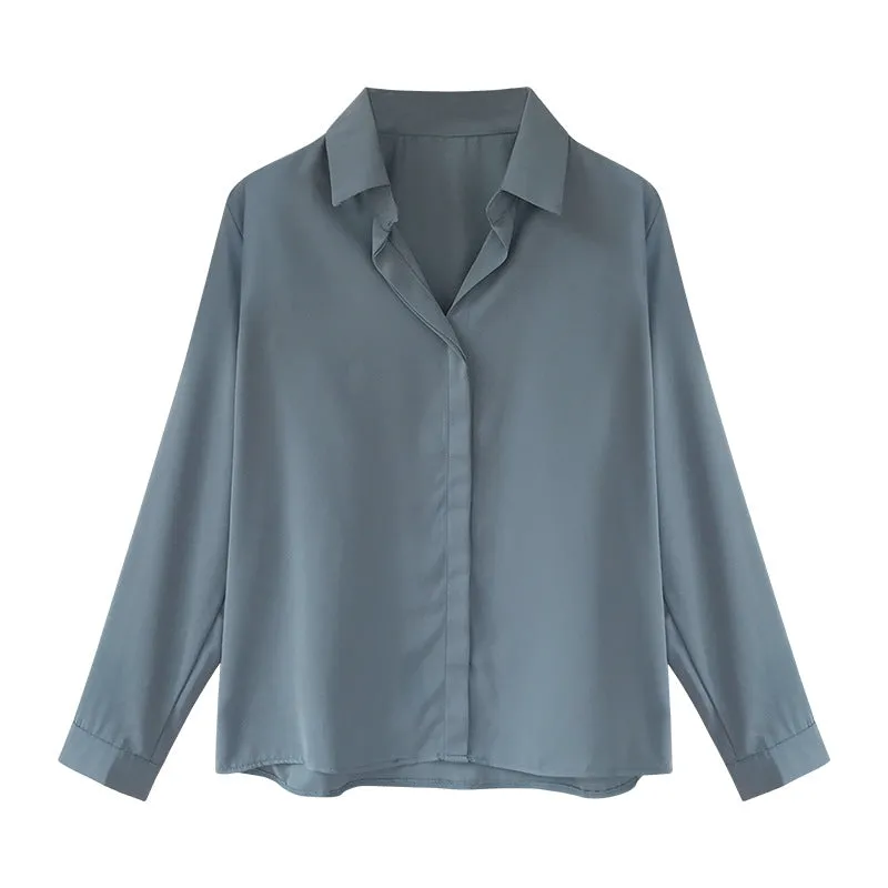 Women Korean Elegant Solid Colored Long Sleeved Tops Minimalist OL Chiffon Shirt Blouse