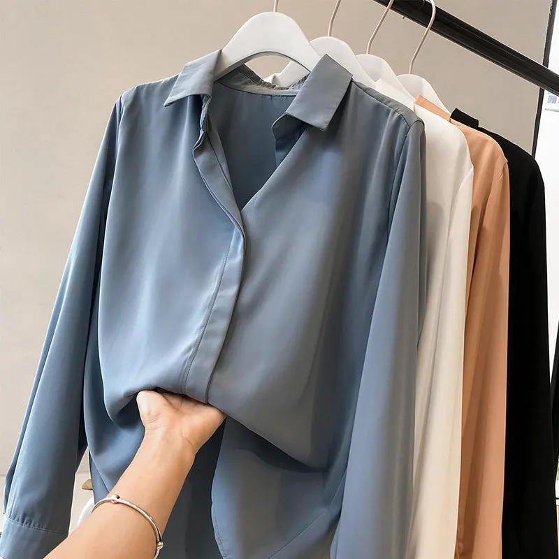 Women Korean Elegant Solid Colored Long Sleeved Tops Minimalist OL Chiffon Shirt Blouse