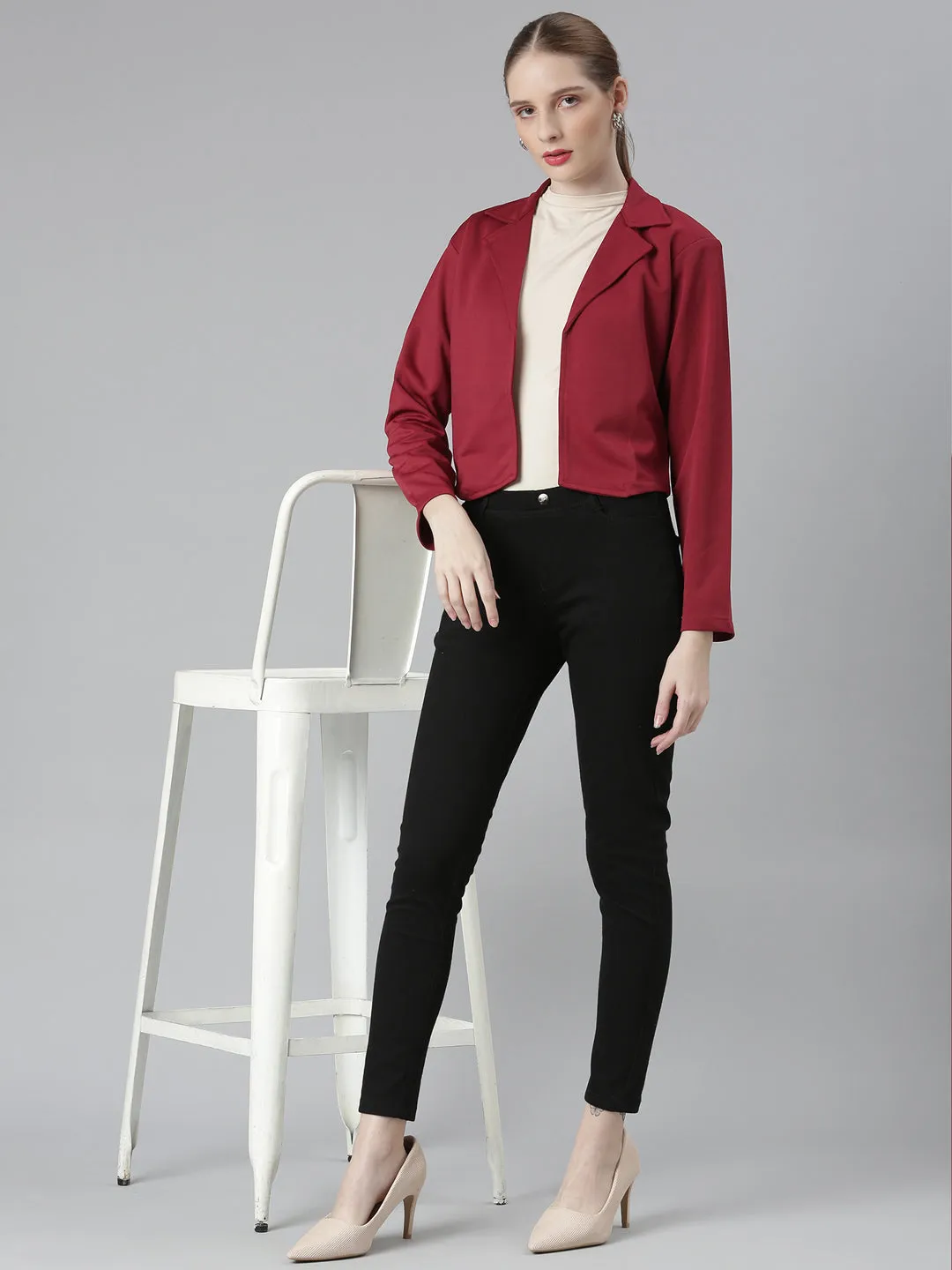 Women Maroon Solid Blazer