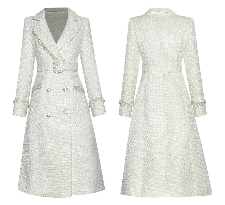 Women's Classic Luxe White Tweed Long Coat