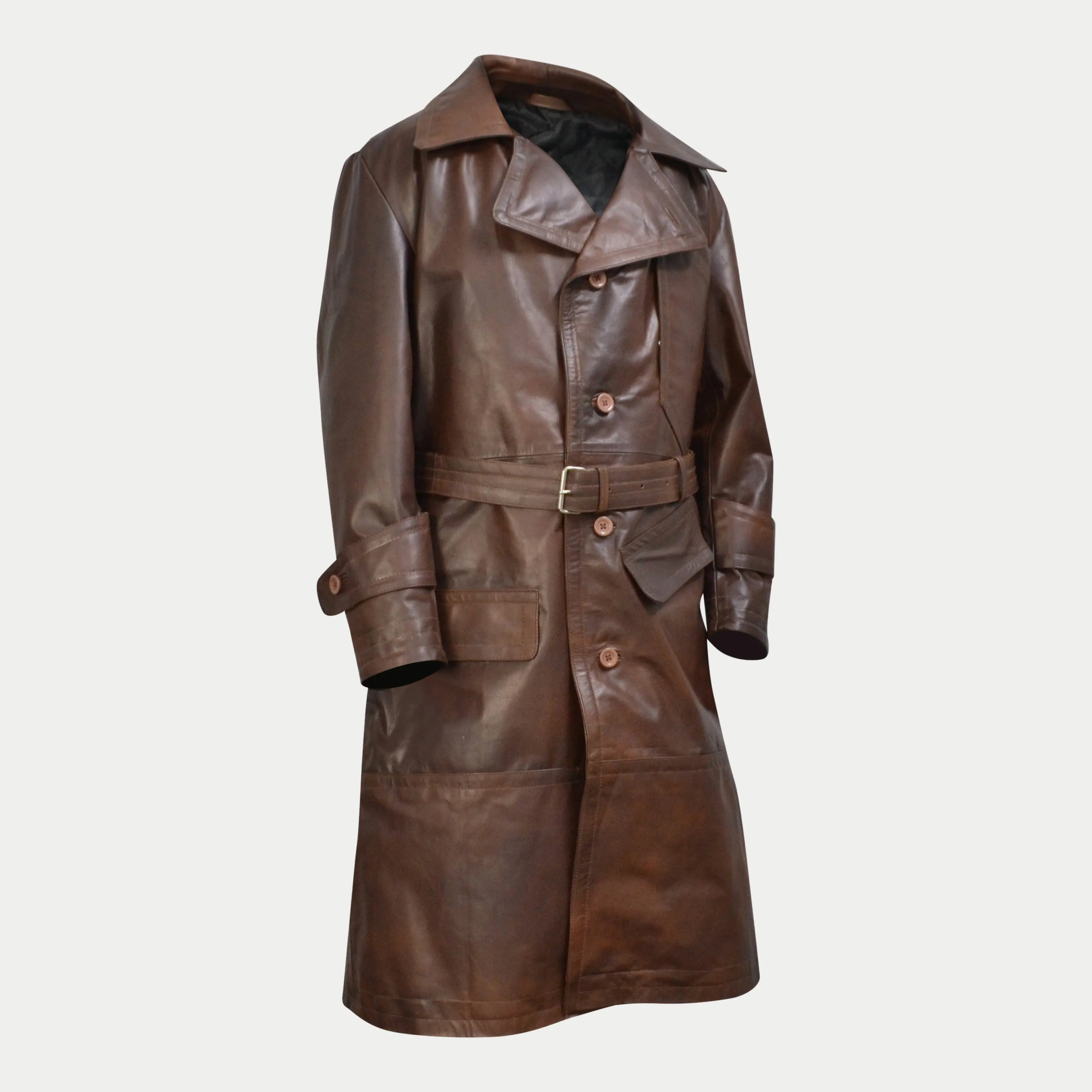 World War 1 R.F.C. Genuine Leather Flying Trench Belted Waxed Coat