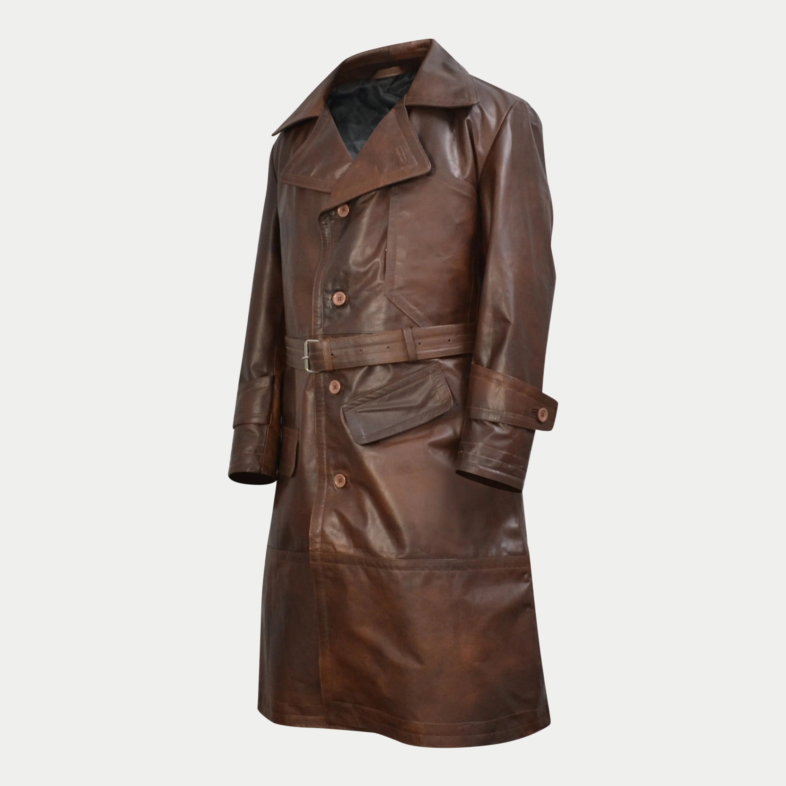 World War 1 R.F.C. Genuine Leather Flying Trench Belted Waxed Coat