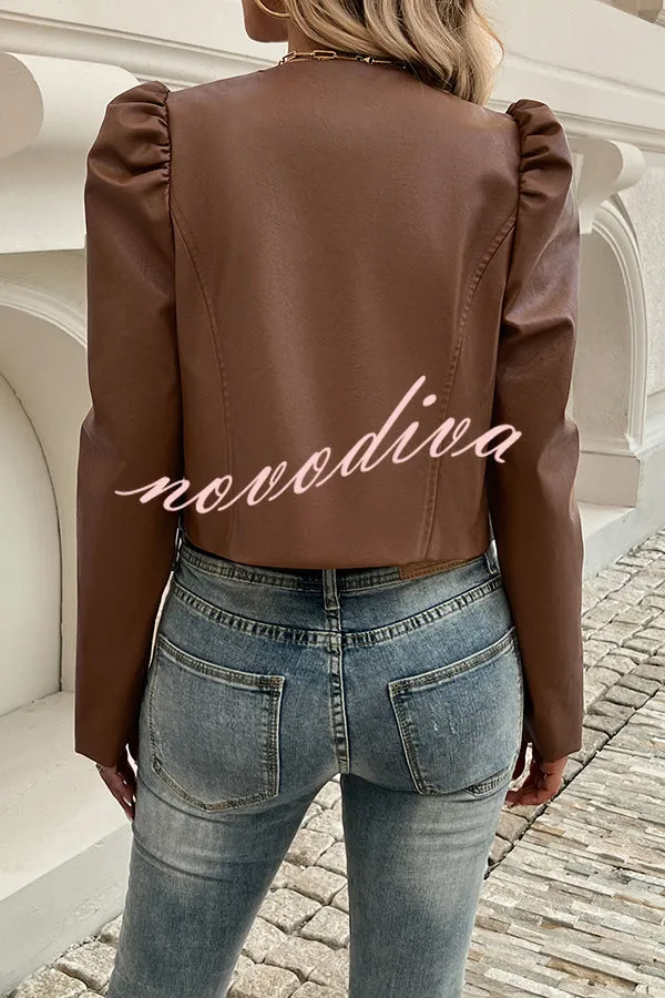 Yelissa Faux Leather Statement Long Sleeve Open Front Crop Jacket