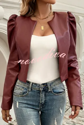 Yelissa Faux Leather Statement Long Sleeve Open Front Crop Jacket