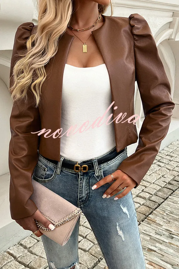 Yelissa Faux Leather Statement Long Sleeve Open Front Crop Jacket