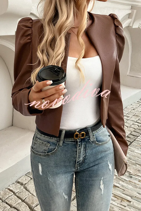 Yelissa Faux Leather Statement Long Sleeve Open Front Crop Jacket