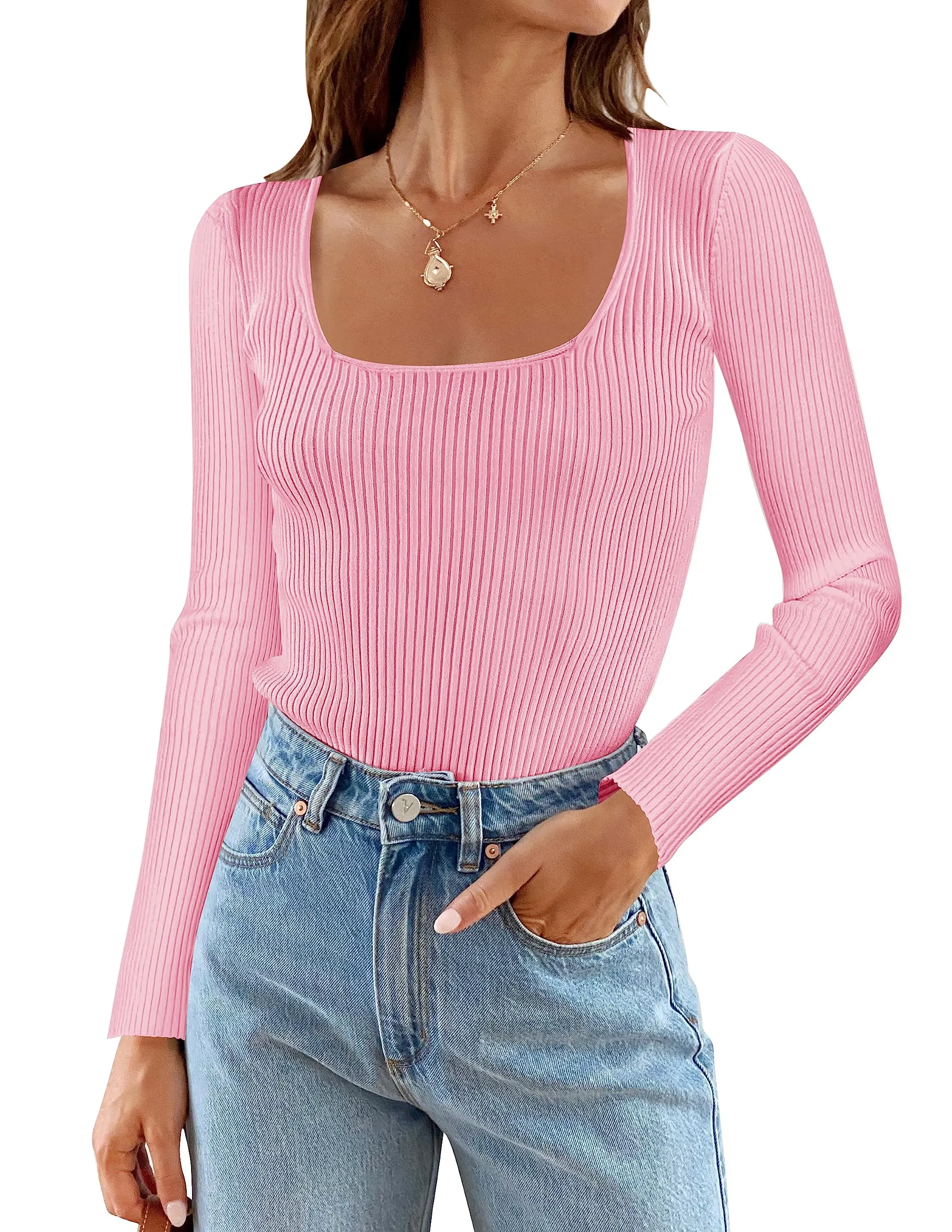 ZESICA Long Sleeve Square Neck Slim Fitted Ribbed Knit Top